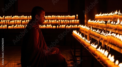 Monk Meditating Amidst Rows of Flickering Candles.