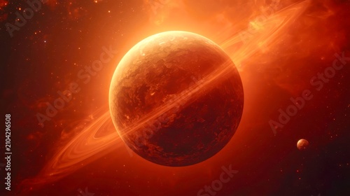 Vast red planet glows with swirling rings