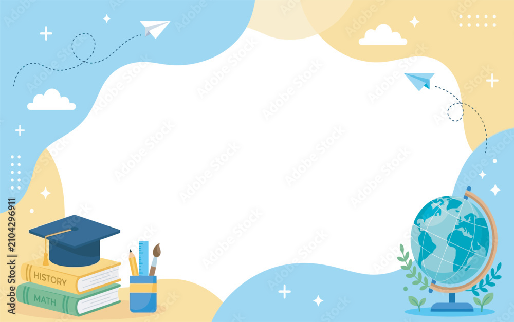 Naklejka premium Cute School Border Template Featuring Pastel Liquid Shapes And Paper Planes