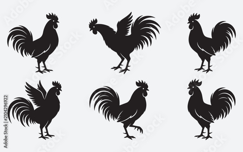 Black Rooster Silhouettes Set Isolated On White Background