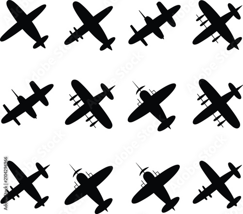 Cuadro en lienzo Black airplane silhouette icon set showing military and vintage aircraft from to