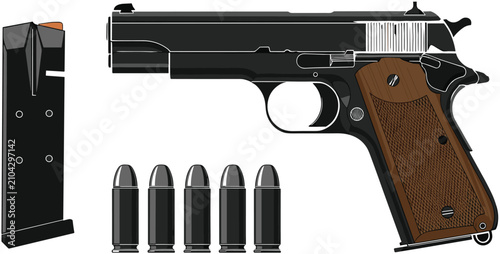 Bild auf Leinwand Black handgun pistol with wooden grip, bullets and magazine clip illustration, f