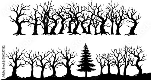 Obraz na płótnie Vector set of horizontal spooky bare tree forest silhouettes and winter landscap