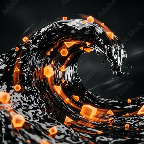 Abstract Black Wave with Orange Geometric Shapes, Dynamic Energy Flow