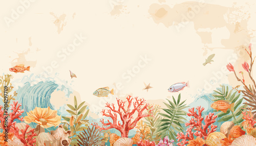 Bild auf Leinwand A vibrant watercolor illustration of a coral reef teeming with marine life, featuring colorful corals, diverse fish, and gentle waves