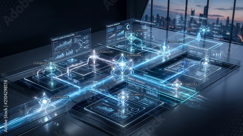 Futuristic digital boardroom table with glowing holographic data visualizations, supply chain maps, and financial charts in a dark office space