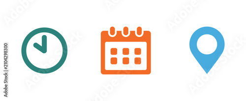 Calendar clock location icon. Featuring date, time, address, notification bell, schedule, and navigation vector illustration