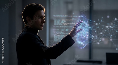 A man in a dark suit interacting with a glowing holographic interface featuring circular data patterns and complex digital network connections