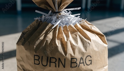 Closed Paper Burn Bag Filled With Shredded White Paper For Secure Document Disposal On A Desk