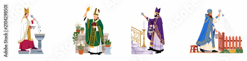 Photos Collection of flat vector illustrations depicting various Christian religious figures, including priests and bishops, performing traditional liturgical rituals and blessings