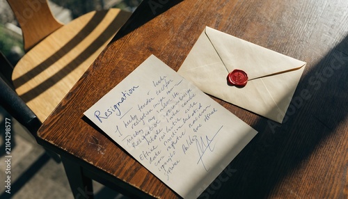 Handwritten Resignation Letter With Wax Sealed Envelope On A Rustic Dark Wooden Office Desk Table