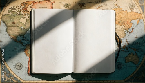 Open Blank Notebook On Vintage World Map Background With Warm Sun Light Shadows Top View Perspective