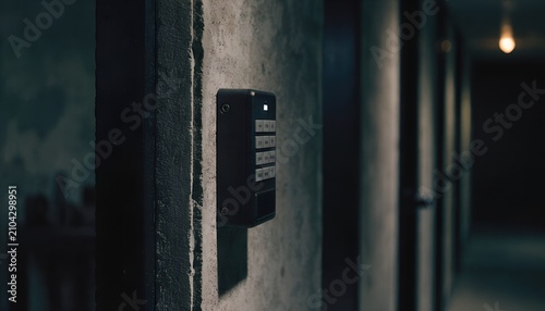 Security Keypad Mounted On Dark Textured Concrete Wall In Dimly Lit Long Coridor With Moody Lighting