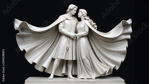 Beautiful white marble sculpture of a man and woman standing together in love and harmony.