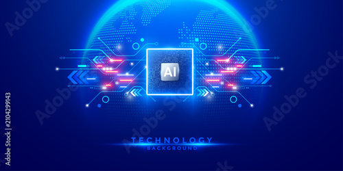 Artificial intelligence digital chip technology concept with global network background.
