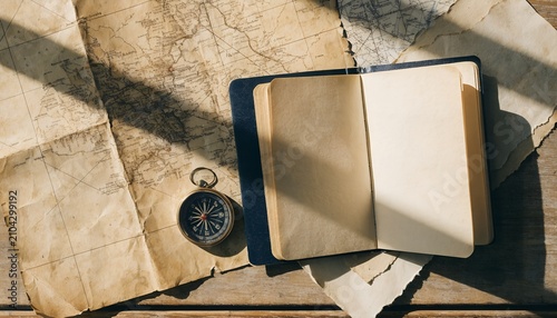 Vintage Open Journal And Nautical Compass On Old Weathered Maps With Natural Sunlight Shadows