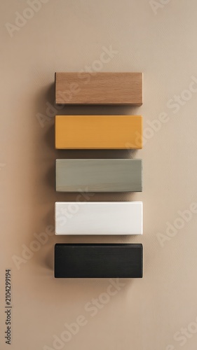Collection of colorful rectangular blocks arranged vertically on a beige background