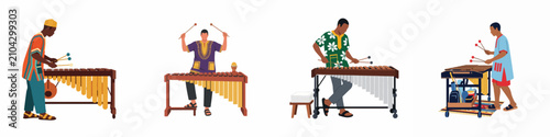 Fotografie Illustration set of African musicians playing traditional marimbas and xylophones in colorful cultural attire, isolated on a white background