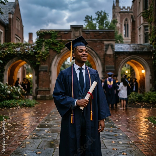 Joyful Graduate in Cap and Gown Holds Diploma on University Campus