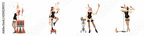 Tablou pe pânză Flat illustration set of four vintage burlesque fire eaters performing dangerous circus acts with torches and smoke on a white background