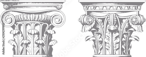 Photos Dibujo detallado de dos capiteles de columnas arquitectónicas clásicas con estil