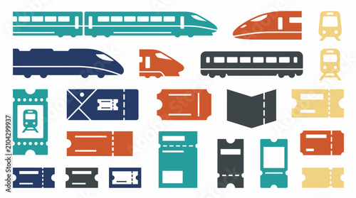 Train and ticket vector icons set for travel and public transport
