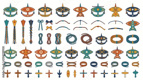 Traditional Malaysian wau kite elements with bows, ropes, and tails