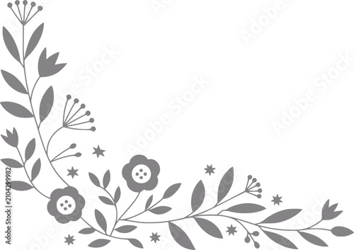 Foto Marco de esquina floral gris con delicadas hojas, flores y estrellas sobre un fo