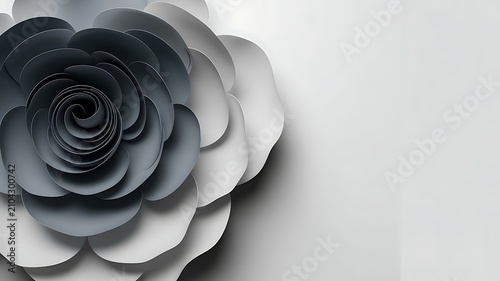 Minimalist artistic composition featuring a large layered paper flower in gray and white