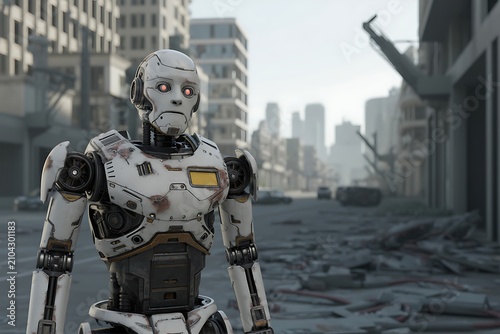 Cinematic shot of a battle damaged robot standing in a desolate post apocalyptic city street