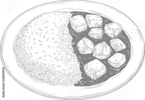 Картината върху платно Dibujo a mano de un plato de curry japonés con arroz y cubos de tofu en estilo v
