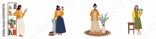 Canvastavla Set of illustrations showing diverse women practicing devotion, holding portraits of a spiritual guru in calm domestic settings