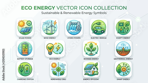 Bild auf Leinwand Sustainable and Renewable Green Energy Vector Icon Set for Eco-Friendly Technolo