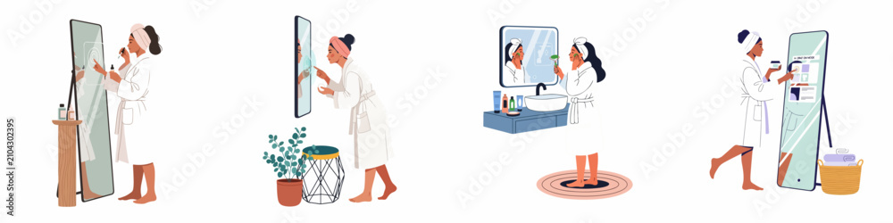 Fototapeta premium Collection of illustrations showing women using interactive smart mirrors for personalized skincare and beauty routines in their bathrooms.