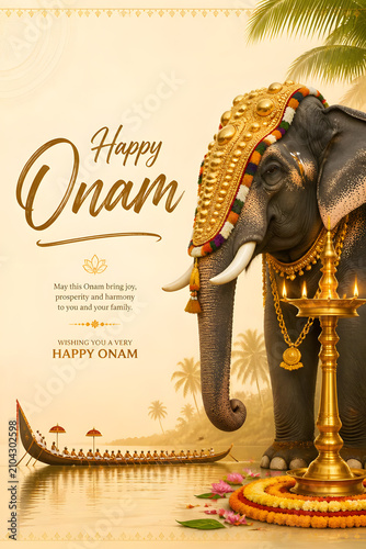 Onam festival illustration featuring a decorated Kerala elephant, brass lamp, and traditional snake boat, ideal for festive posters, greeting cards, wallpapers, and social media designs.