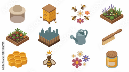 Foto Colorful flat design icons of gardening and beekeeping elements.