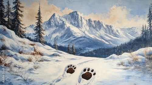 Snow-covered mountain landscape with bear paw prints in the snow.