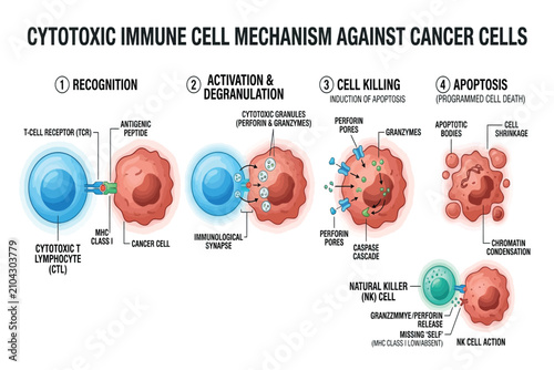 Diagram showing cytotoxic immune cell mechanism against cancer cells.