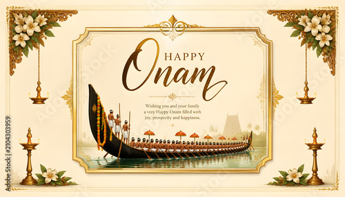 Onam celebration luxurious framed snake boat scene with temple silhouette festive cultural illustration design