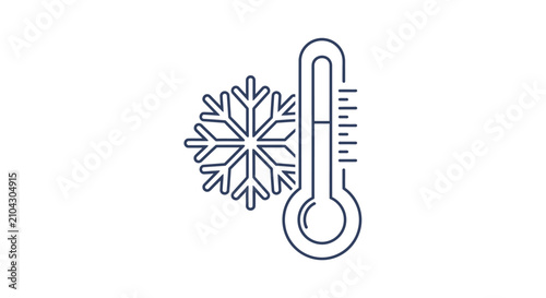 Minimalist outline icon of a thermometer with a snowflake representing cold weather and low temperature.