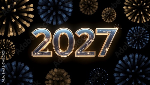 Happy New Year 2027 celebration background with golden and blue fireworks display.