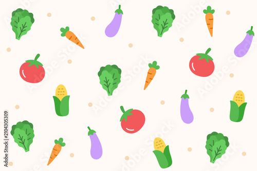 Vegetables seamless pattern. Carrot, cabbage, eggplant, tomato and corn on light pastel yellow background. Healthy organic produce theme. Seamless vector pattern.