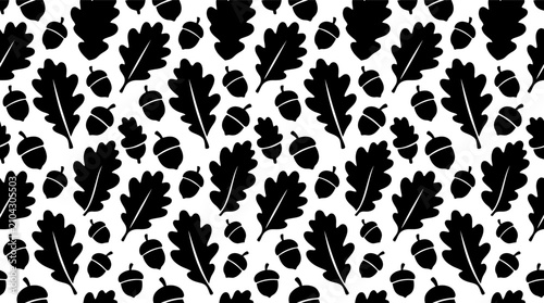 Seamless pattern with black oak leaves and acorns on a simple repeating background design Vector