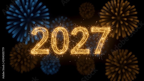 Sparkling golden 2027 text design with colorful fireworks on a black background for New Year celebration.