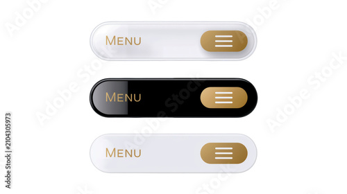3D Modern menu button set with hamburger icons in gold and glass style on transparent background