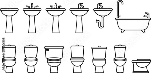 Fotografía Set of bathroom sanitary ware line icons featuring modern washbasins, toilets, b
