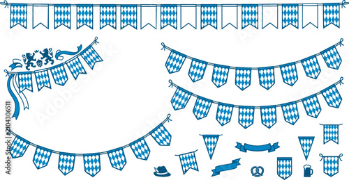Cuadro en lienzo Bavarian Bunting and Garland Vector Set with Blue and White Diamond Patterns Fla