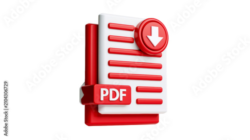 3D PDF file icon with red download arrow showing a glossy three dimensional document on transparent background