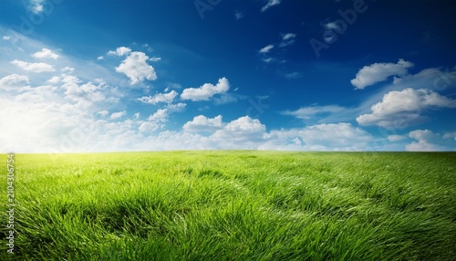 Amazing Summer Nature Landscape Greengrass Meadow And Blue Sky With Clouds Free Space