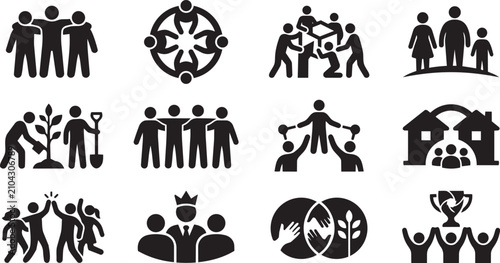 Schilderij op canvas Teamwork and community icons set, business partnership, family, leadership and c